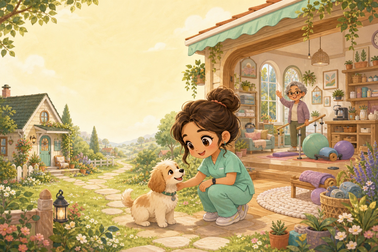 A therapist and her dog between a cozy cottage and a sunny neighborhood clinic